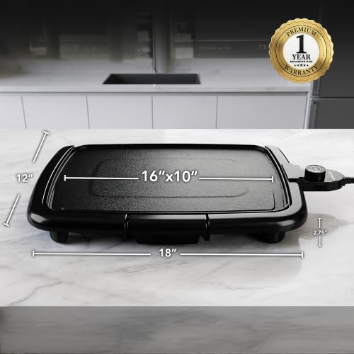 Image of OVENTE Electric Griddle with 16 x 10 Inch Non-Stick Plate, Black GD1610B | Removable and Adjustable Temperature Control, Indoor Grill perfect for Instant Breakfast, Pancakes, Eggs or Burgers