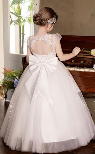 Tulle First Communion Dress for Girls Lace Applique Flower Girl Dresses for Wedding Long Ball Gown with Bow4