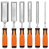 KINGBRO 6 Pcs Wood Chisel Sets, Wood Caving Chisels for Carbon Steel Woodworking Tools, Durable PP+TPR High Impact Handle Wood Chisel Gifts for Woodworkers Men, 6/12/19/25/32/38mm