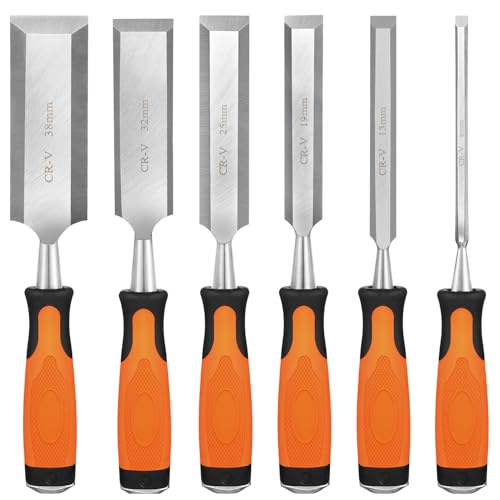 KINGBRO Wood Chisel, 6 Pcs Wood Carving Chisels for Woodworking Tools, Durable Carbon Steel PP+TPR High Impact Handle Wood Chisel Sets Gifts for Woodworkers Carpenter Craftsman, 6/12/19/25/32/38mm by KINGBRO - Used condition - US$24.48