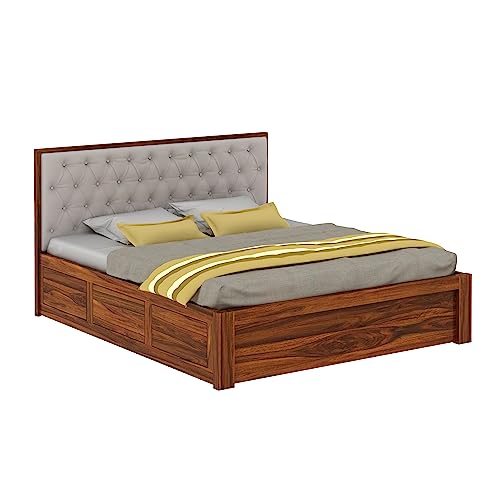 Image of Ganpati Arts Solid Sheesham Wood Decan Queen Size Bed with Hydraulic Storage and Upholstery Headboard (Natural Finish)