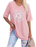 Litherday Camiseta De Mujer Oversize Cuello En V Holgada Manga Corta Estampado De Margaritas Blusa Informal Verano Talla Grande, Hellrosa, XXL