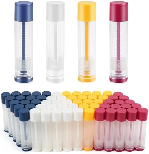 LotFancy Lip Balm Tubes, 60 Empty, 5.5ml, Clear Plastic Containers with 4 Color Caps, BPA Free, Leak Free, Refillable (Yellow White Blue Red)