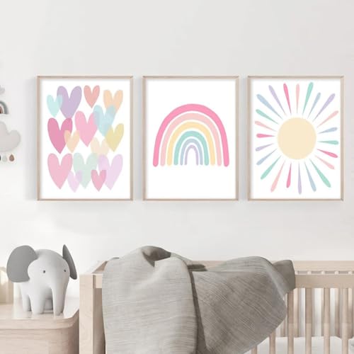 COYUN 3er Poster Set Bilder Kinderzimmer Mädchen Rosa Regenbogen Bilder, Babyzimmer Deko Leinwand Bilder Wandbilder, Wandbilder Kinderzimmer, Wandposter Babyzimmer Deko, Ohne Rahmen (20x25cm)