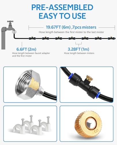 HOMENOTE Misting Cooling System 26.2FT (8M) Misting Line + 9 Brass Mist Nozzles + a Brass Adapter(3/4) Outdoor Mister for Patio Garden Greenhouse Trampoline for waterpark