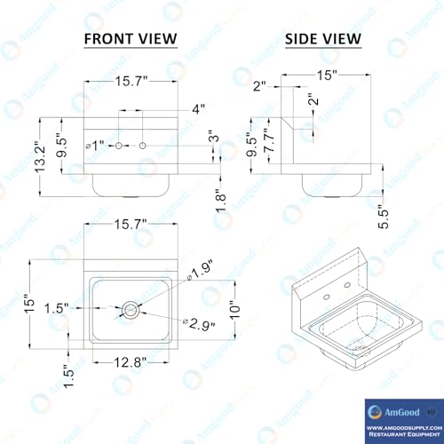 Image of 15 in. x 15 3 /4 in. NSF Certified Stainless Steel Hand Sink - Commercial Wall Mount Hand Basin with Faucet. Ideal for Restaurants, Bars, Kitchens, and Stores