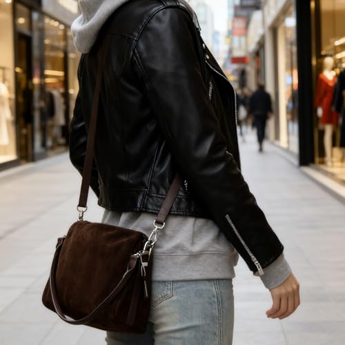 Image of Suede Tote Bags for Women, Suede Purse Handbag Vintage Slouchy Hobo Shoulder Crossbody Bag