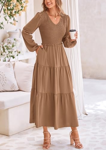 Image of PRETTYGARDEN Fall Dresses for Women 2025 Casual Long Sleeve V Neck Smocked A Line Long Flowy Wedding Guest Dress (Khaki,Medium)