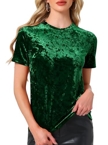 T-shirt en velours de Noël haut de gamme pour femme avec finitions soignées col rond vert