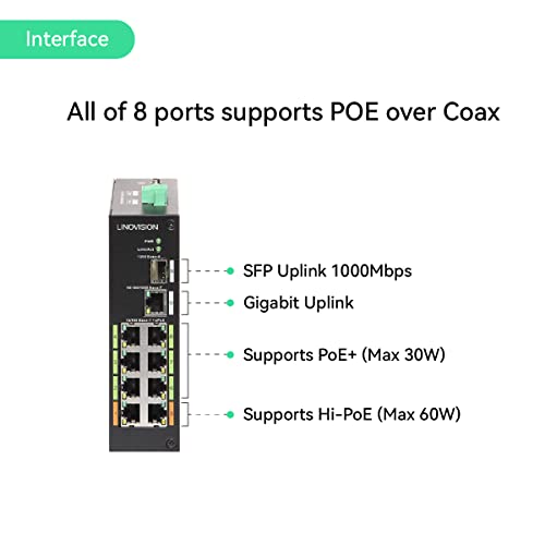 Image of LINOVISION Industrial 8 Ports POE Switch, Built-in EOC Receiver, Ultra Long Reach PoE over Coaxial Cable Transmission, Extend PoE over Cat5E /Cat6 Network Cable up to 2500ft,Simply Cabling, Plug-n-Play
