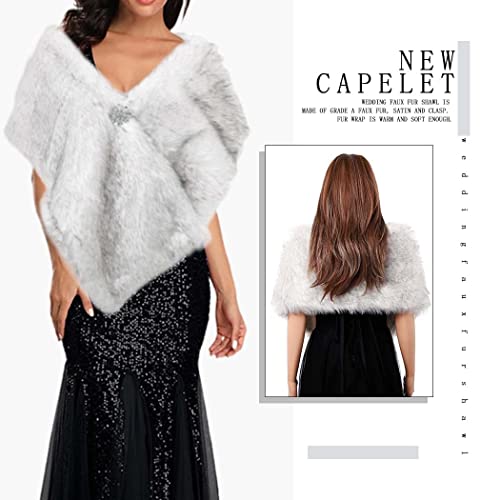 Women’s Wedding Faux Fur Shawl 1920s Fur Wraps and Shawls Winter Fur Stole Cape Bridal Fur Wrap with Brooch2
