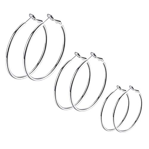 LEEQ 1/3 Paia Set Orecchini Cerchio Donna Cuore Stella Tondo Grandi Piccoli Semplici, Acciaio Inossidabile/Placcato Oro（06 3 Paia: 30/50/70 Mm(argento)）