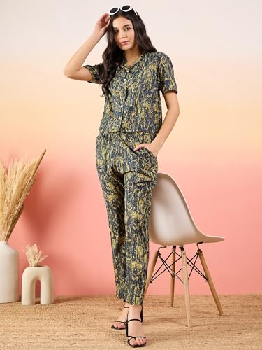 Image of Modeve Women Shirt Pant Navy Abstract Print Co-Ord Set