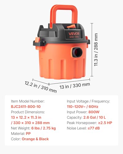 Image of VEVOR Dry Vacuum Cleaner, 2.6 Gallon 2.5 Peak HP Portable Shop Vac with 800W Input Power, Various Nozzles, 1.25in Diameter x 4ft Hose, 9.2ft Cord for Home, Garage, Jobsite, Workshop, Black Orange