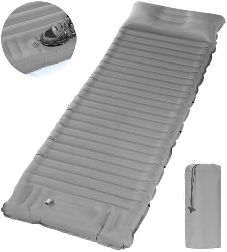 Chasyatzi 40D Self-Inflating Camping Pad, Insulated Ultralight Sleeping Mat for Backpacking, Winter Camping, 2-Layer Anti-Leak Design w/Built-in Pillow, Foot Pump Foldable Pad, Grey
