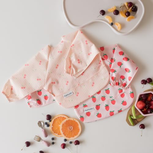 Image of Tiny Twinkle Long Sleeve Bib for Babies&Toddlers|2-Pack Waterproof Smock Bib for Eating|Machine Washable&Mess-Proof Feeding Essentials|Newborn Shower Gift(Cherry Coquette,Strawberries,6-24M)