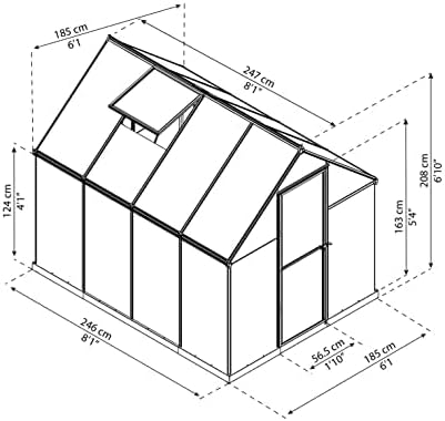 Diagram showing the dimensions of the Palram Canopia Mythos Greenhouse