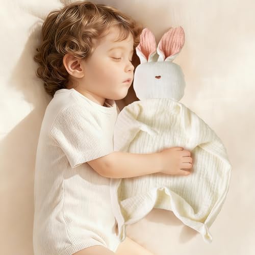 Image of insular Bunny Lovey Blanket for Boys and Girls, Organic Cotton Muslin Security Blanket for Babies, Soft Breathable Lovie Soothing Towel for Newborn and Infant, Beige