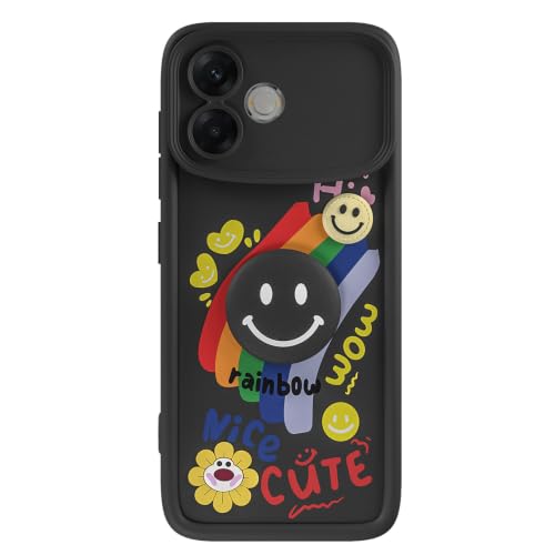 Image of Pikkme Back Cover for Oppo F33 Pro 5G | Soft Silicone| Cute Rainbow Smile & 3D Cartoon Flower Design | Shockproof Raised Camera Protection Bumper Case (Black)