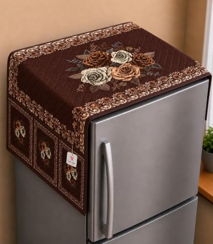 Image of Refrigerator Top Cover for Single Door & Double Door 165-225 Litre | Washable, Anti-Slip Protective Velvet Fabric Fridge Top Cover with 6 Storage Pockets, Extra Storage Space 101 x 55 cm