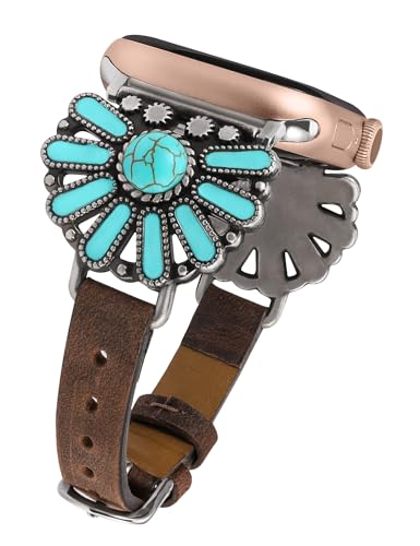 W-RARA Leather Band Compatible with Apple Watch Band Women 38/40/41/42/44/45/49mm, Boho Western Vintage Turquoise Ethnic Antique Style Strap for iWatch Series Ultra 2 SE 9 8 7 6 5 4 3 2 1