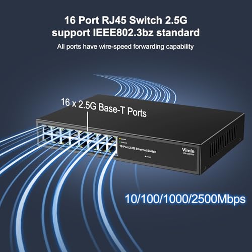 Image of Vimin 16 Port 2.5GB Unmanaged Ethernet Switch Plug & Play | 16 Port 2.5G Switch Unmanaged Compatible with 10 /100 /1000 /2500Mbps, Metal Housing, Fanless