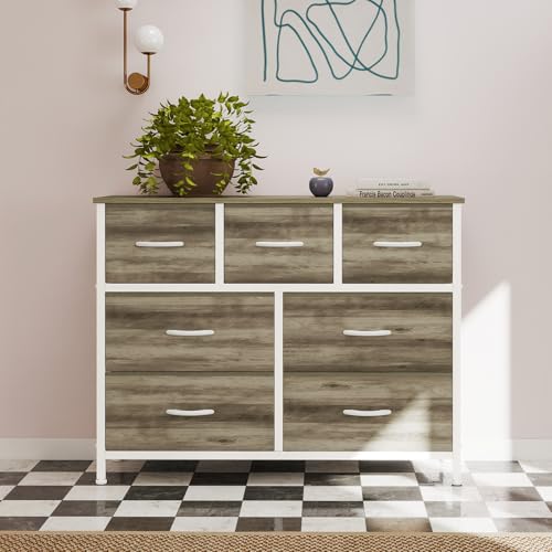 Image of OLIXIS 7 Drawers Fabric Dresser for Bedroom, Storage Tower Organizer for Living Room & Entryway, Sturdy Steel Frame, Wooden Top & Easy-Pull Bins, Closet Chest for Clothes, Oak Greige