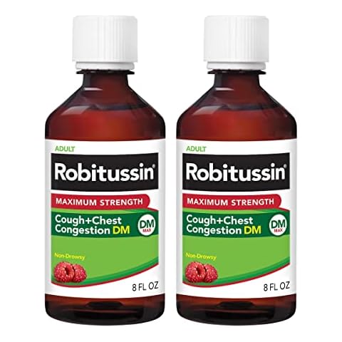 Robitussin Adult Maximum Strength Cough Plus Chest Congestion DM Max, Non-Drowsy Cough Suppressant and Expectorant, Raspberry Flavor, 8 Fl Oz x 2 Cover