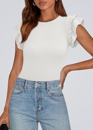 KIRUNDO Summer Sweaters for Women Lightweight 2025 Fall Ruffle Short Sleeve Business Casual Tops Slim Soft Knit T Shirts3