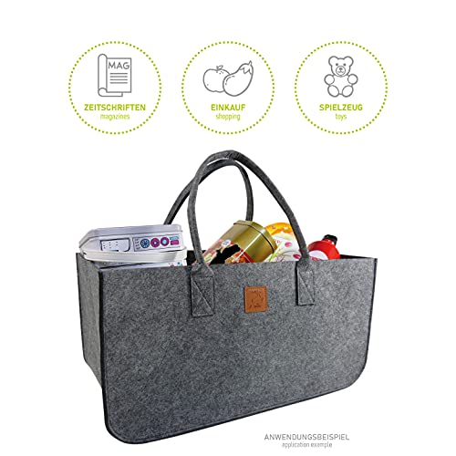 KHI Filzkorb, XL Einkaufstasche, 51 x 26 x 26 cm, Shopper Bag, Filztasche, Gross, grau, Kaminholzkorb, Spielzeugkorb, Spielzeugtasche, Brennholztasche, Aufbewahrung von Kaminholz