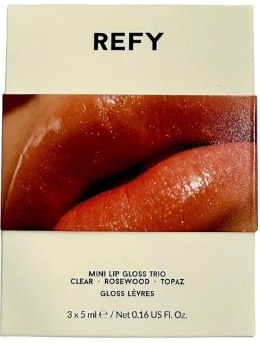 REFY Mini Lip Gloss Trio Clear Rosewood & Topaz Shades Hydrating Non-Sticky Lip Gloss Set 3 x 5 ml