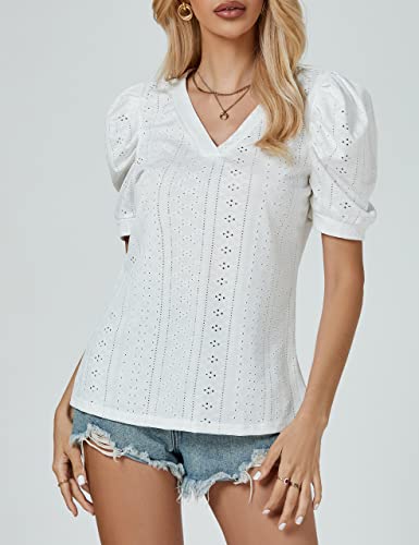 Blooming Jelly Womens Dressy Casual Tops Puff Short Sleeve V Neck Blouses Cute Summer Eyelet T Shirts #TOP2
