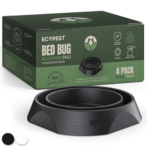 ECOPEST Interceptores de Chinches – Paquete de 4 | Bed Bug Blocker (Pro) Trampas Interceptoras (Negro) | Trampa de Insectos, Monitor y Detector para Las Patas de la Cama
