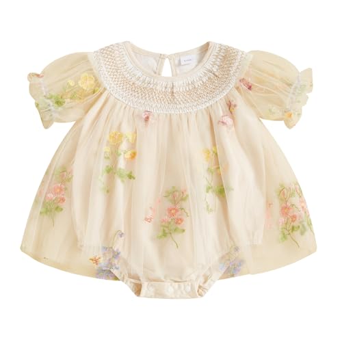 MAINESAKA Smocked Baby Girl Tulle Romper Dress Floral Embroidery Butterfly Wings Fairy Bubble Romper Bodysuit Summer Clothes