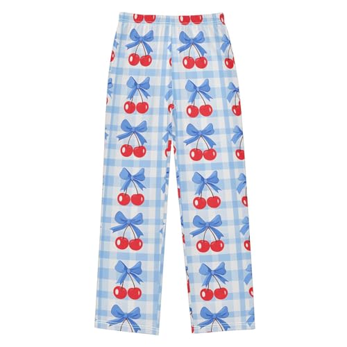 Cherry Blue Bow Grid Pattern Pajama Pants Long Sleep Pant Soft PJ Bottoms Sleepwear