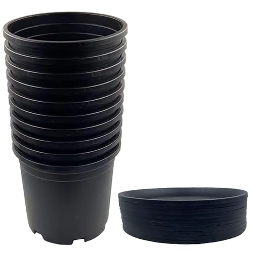 Xuwzenkl 1 Gallon Pots for Plants, 10 Pack Thicken Durable Plastic Plant Nursery Pots with Drainage Holes and Trays for Gardening Plants, Seedlings, Flowers, and Vegetables(Black)