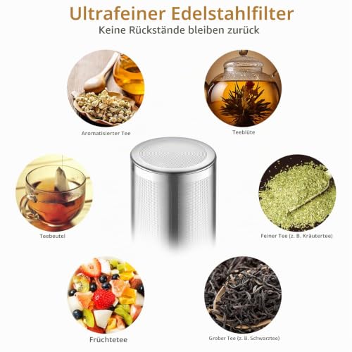 glastal 1200ml Silberne Teekanne Edelstahl mit Siebeinsatz und Doppelwandige Kanne mit Decke… – Ansicht 4