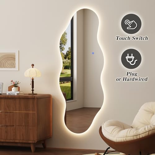 Image of QDSSDECO 63 inch x 24 inch Wavy Full-Length Mirror with Stand, Frameless