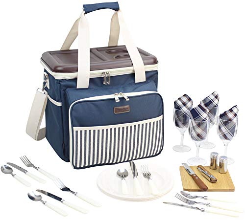 HappyPicnic Filled Picnic Cooler Bag for 4 Persons,Picnic Bag with Hard Eva-formed Lid Used as A Picnic Table (Navy Blue)