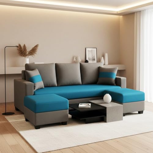 Image of FURNY Iira Sofa Set 3 Seater Velvet Fabric (Aqua Blue - Dark Grey) with 2 Ottoman | Modular Design | Living Room Furniture | Modern Stylish Sofa for Home