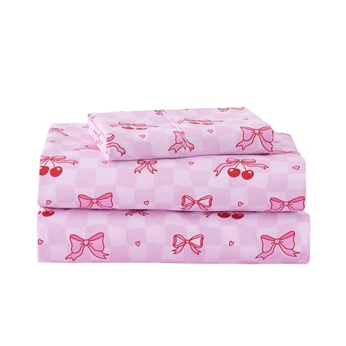 lasoftan Kids Sheet Set Twin Size, Twin Sheet Set with Pink Cherry Pattern，Breathable Silky Soft Microfiber Kids Fitted Sheet
