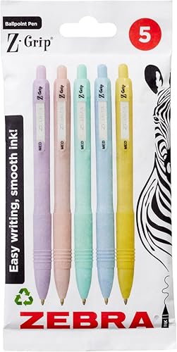 Zebra Pen Z-GRIP Smooth Ballpoint Pens Black Ink 5pk - Pastel Barrel 1mm Medium Point Retractable Ink Pens with Clip - Smooth Writing Pens with Low Viscosity Ink Comfort Grip - 5 Pens Multipack