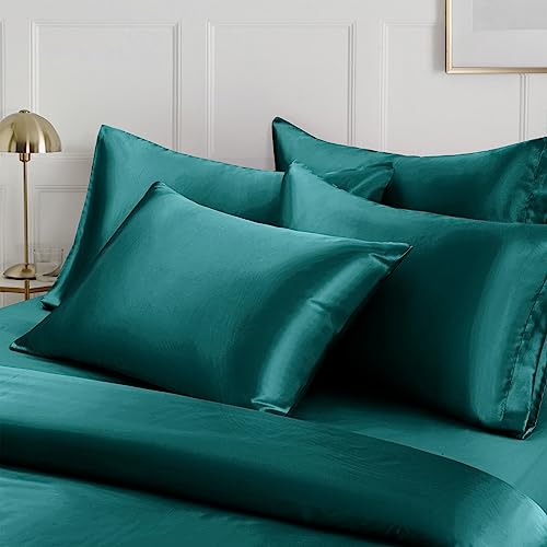 Image of Ersmak 6 Pieces Satin Duvet Cover King Size Luxury Silky Bedding Duvet Cover Set with 1 Soft Duvet Cover, 4 King Pillowcases and 1 Body Pillowcase, Teal