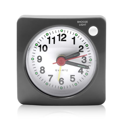 Silent Alarm Clock, Mini Travel Alarm Clock Bedside Luminous Non Ticking Battery Operated Analog Clocks Quiet Glow Display with Snooze and Nightlight Function, Lightweight Clock for Bedrooms Traveling