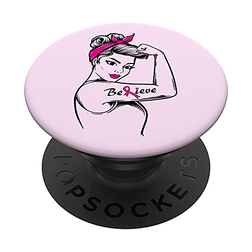 Believe Breast Cancer Warrior Awareness Pink Ribbon Support PopSockets PopGrip Intercambiabile