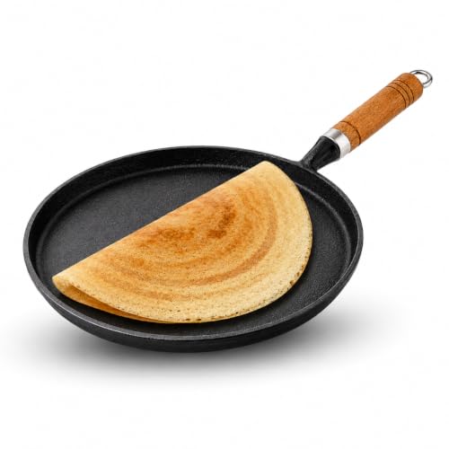 Image of PANCA Cast Iron Tawa 24cm Pre-Seasoned - Non Stick Iron Tawa for Roti, Dosa, Chapati | Induction & Gas Compatible Flat with Wooden Handle | Heavy Duty Cast Iron Cookware (Flat Tawa)