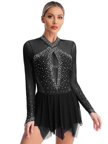 Freebily Vestido De Patinaje Artístico para Mujer Maillot De Danza Manga Larga Body De Gimnasia Vestido De Baile sobre Hielo para Competición Negro A S