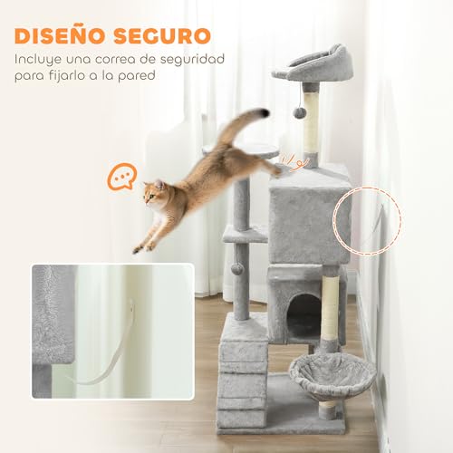PawHut Árbol Rascador para Gatos, Árbol para Gatos 160 cm, Torre Escalador con Múltiples Plataformas, Cama, 2 Cuevas, Hamaca, Escalera, Postes de Sisal, Bolas para Jugar, Gris Claro - imagen 5