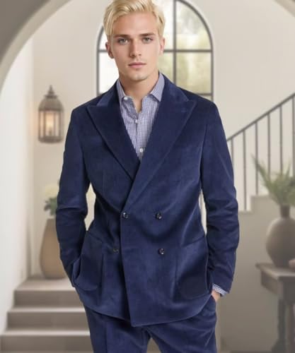Mens Corduroy Suit 2 Piece Slim Fit Double Breasted Suit Men Vintage Formal Business Wedding Jacket Pants Set2