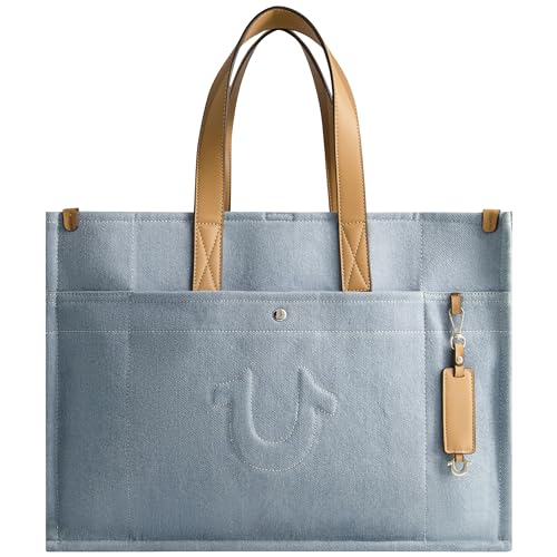 Image of True Religion Women's Large Tote Bag, Stitched Horseshoe Canvas Travel Carryall Shoulder Handbag